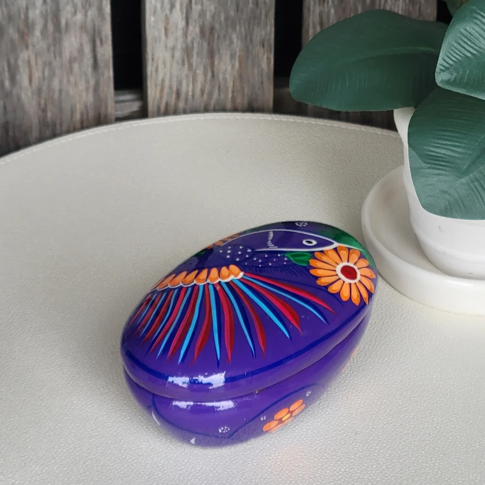 Mexican Folk Art Hand-Painted Oval Trinket Box Purple Bird
